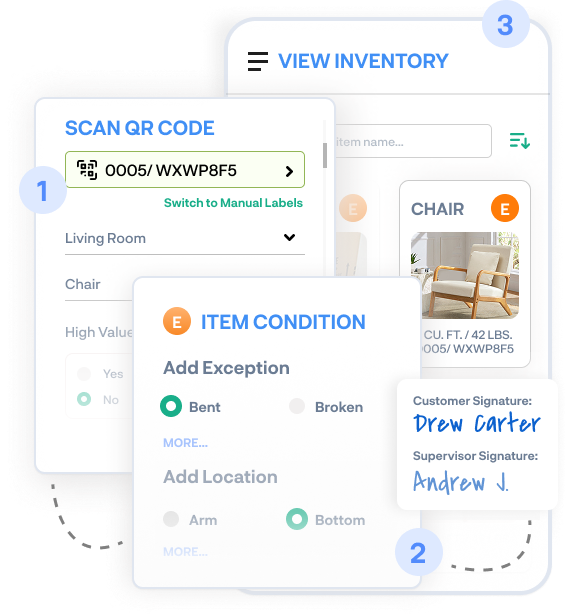 Digital inventory screen showing QR code scanning, item condition tagging, and customer/supervisor signatures.